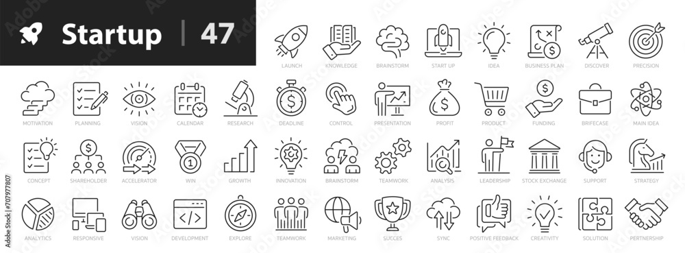 Wall mural startup line icons set. starting business symbols outline 47 icons collection. launch, project, deve