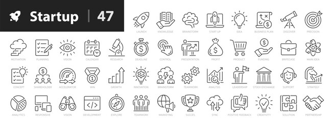 Startup line icons set. Starting business symbols outline 47 icons collection. Launch, project, development, investment, innovation - stock vector. - obrazy, fototapety, plakaty
