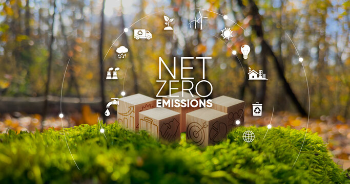 Net zero and carbon neutral concept. Net zero greenhouse gas emissions target. Climate neutral long term strategy.  Wooden cubes with  net zero emission icon  on green nature background