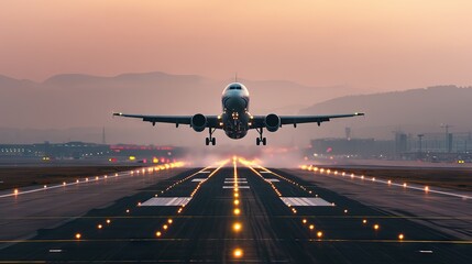 The image shows a commercial airplane lifting off from the runway with its landing gear still visible, against a backdrop of a dusky or sunrise sky. - obrazy, fototapety, plakaty