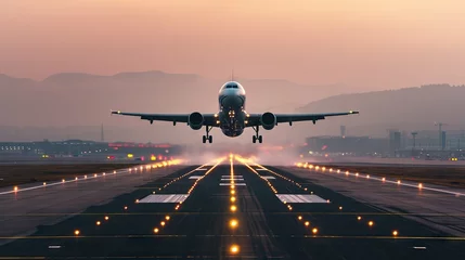 Foto op Canvas The image shows a commercial airplane lifting off from the runway with its landing gear still visible, against a backdrop of a dusky or sunrise sky. © Oleksii