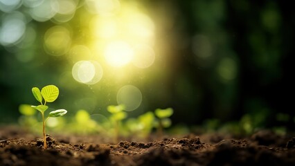 Sprouting Seedling in Sunlit Soil: A New Beginning in Nature, Horizontal Poster or Sign with Open Empty Copy Space for Text 
