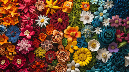 Patchwork of quilled flowers, each square a different vibrant type