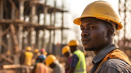 A close-up image captures the confident gaze of a young African construction worker, his face partly illuminated by the soft golden light of the setting sun.