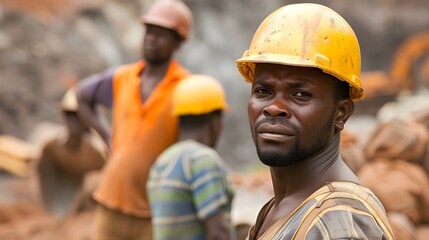 Intense gaze of an African construction worker with colleagues in the background at a quarry site