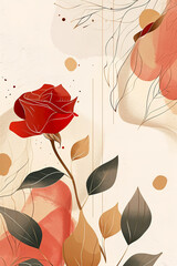 Red rose , Abstract art background vector. Luxury minimal style wallpaper with golden line art flower and botanical leaves