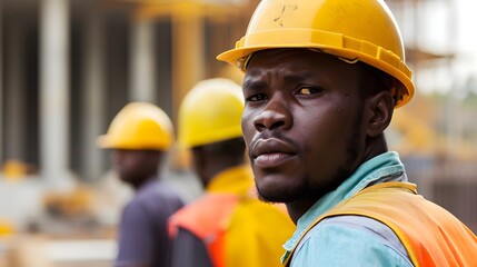 Serious African Construction Worker in Reflective Vest and Yellow Helmet at Building Site