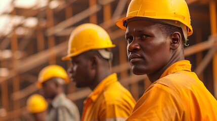 Dedicated African Construction Workers in Yellow Hard Hats at Urban Building Site