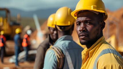 Confident African Engineer in Yellow Safety Helmet at Construction Site with Team in Background