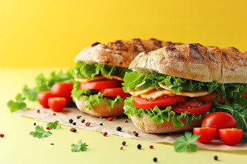 Tasty sandwich on color background, with empty space for text