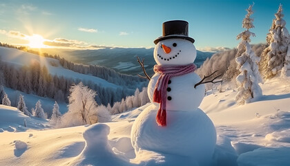 Obraz premium Smiling snowman in winter forest, wearing top hat generated by AI