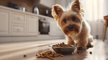 The dog eat dry food in a bowl on a light white kitchen on the floor