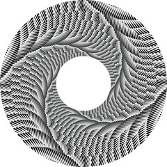  Black halftone dots in vortex form. Geometric art. Trendy design element.Circular and radial lines volute, helix.Segmented circle with rotation.Radiating arc lines.