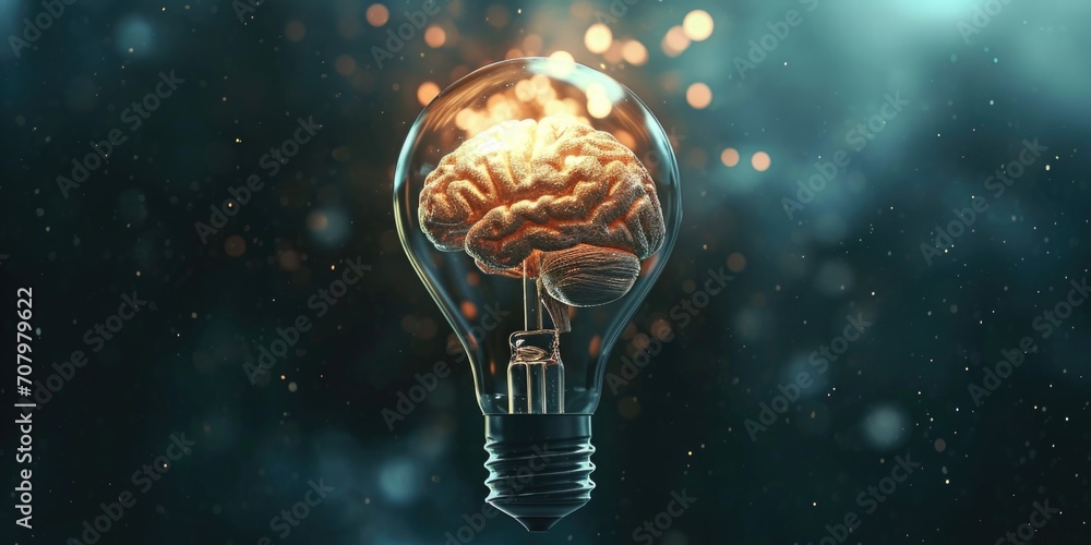 Poster a light bulb with a brain inside, combining intelligence and illumination. perfect for illustrating 