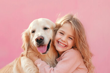 Golden Harmony: Smiling Child, Loyal Retriever, and Pastel Background
