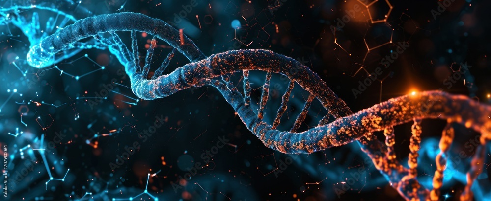 Poster artificial intelligence ai in healthcare. dna double helix intertwined with digital ai elements, hig