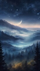 Fototapeta na wymiar Beautiful View of Galactic Night Sky Misty Mountain Forest Landscape 4k Vertical Photo Wallpaper