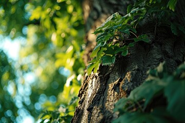 A detailed view of a tree trunk with vibrant green leaves. This image can be used to depict nature, environmental conservation, or the beauty of the outdoors