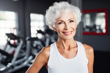 Obraz premium Active and Joyful Caucasian Elderly Woman Engaging in Physical Fitness at the Gym