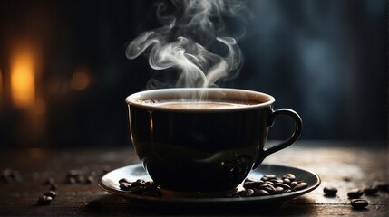 Steaming Coffee Delight: The image captures the inviting aroma of freshly brewed coffee, emanating from a dark ceramic cup, complemented by scattered roasted beans on a saucer.
