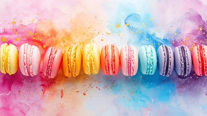 Tuinposter Colorful macaroons on colorful watercolor background. French dessert. © Ula