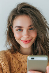 Fototapeta premium Joyful Woman Embracing Technology in Close-Up