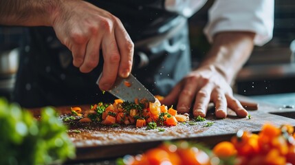 A chef is finely chopping orange vegetables on a wooden cutting board, with herbs scattered around. - obrazy, fototapety, plakaty