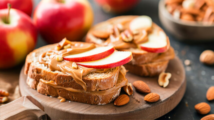 Toasts with peanut butter and fresh red apples on wooden board.