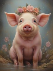 Golden Moments: Cheerful Pig with pink flowers in a Blue background  Creates Whimsical Charm