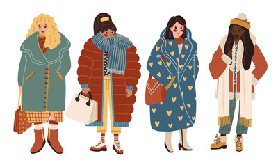 Naklejka premium flat vector diverse winter fashion women illustration stylish female cartoon characters diversity african american caucasian latin black girls illustration puffy jacket coat hat scarf winter fashion