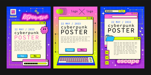 Set of posters. the screen of an old retro PC in the y2k style. Retro wave and vaporwave background. Bright vintage computer interface