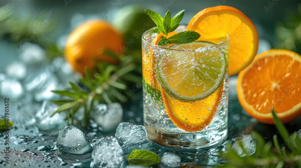 Poster a close up of a glass of water with oranges and limes on a table with ice cubes.