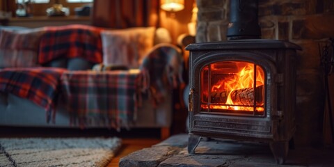 A cozy wood burning stove in a living room. Perfect for adding warmth and ambiance to any home - obrazy, fototapety, plakaty