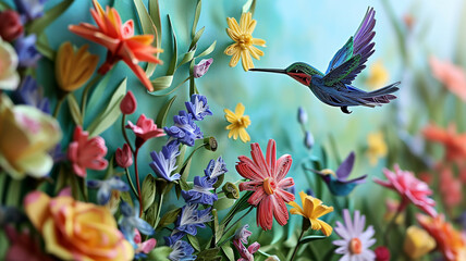 Quilled hummingbirds hovering over a garden of vibrant blossoms