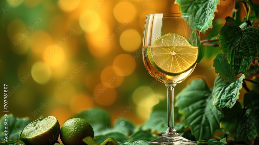 Poster a glass of wine with a slice of lemon next to it on a table with leaves and a boke of lights in the 