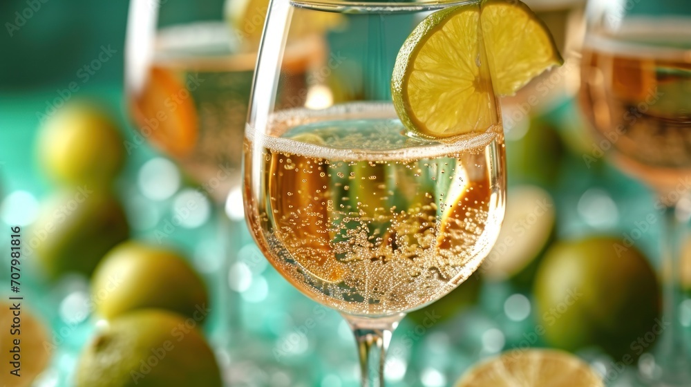 Poster a close up of a wine glass filled with liquid and a slice of lemon on a table with limes and limes i