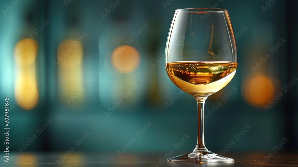 Aufkleber a glass of wine sitting on a table in front of a blurry image of a building in the background.