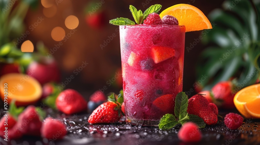 Poster a close up of a drink with strawberries and orange slices on a table next to a bunch of oranges.