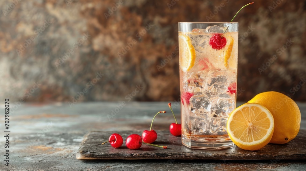 Poster a glass filled with ice and cherries next to a slice of lemon and a slice of raspberry.