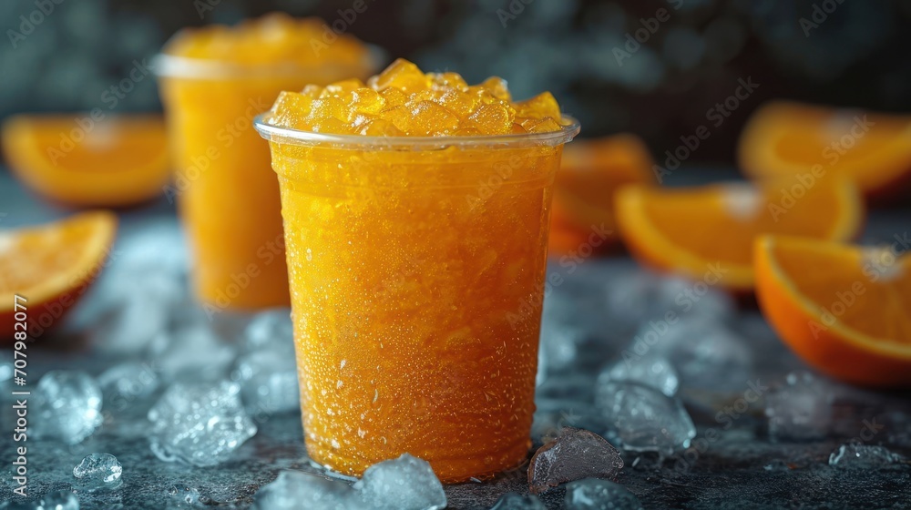 Poster a close up of a cup of orange juice with ice on a table with slices of oranges in the background.