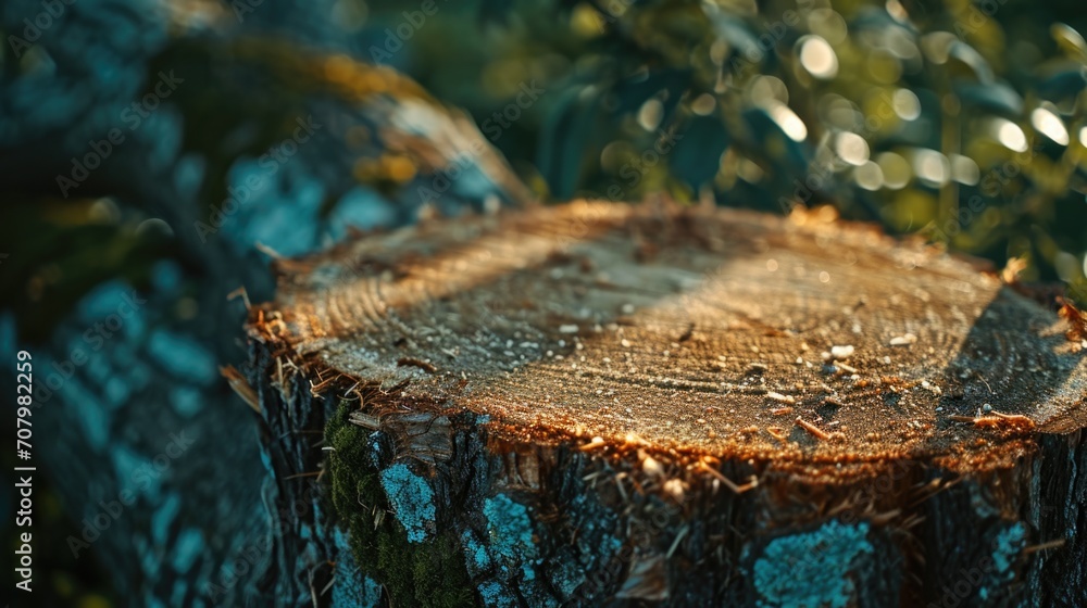 Poster A detailed close up of a tree stump with a blurry background. Suitable for nature-related projects or as a background image.