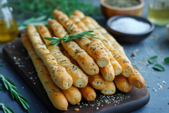 Grissini breadsticks with rosemary and spices on a dark background.