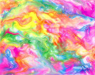 Bright colorful acrylic texture. Liquid flowing acrylic on canvas. Marble texture in rainbow colors. Hand made abstract artwork with  pink, blue, green and yellow colors.