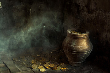 Still life with a pot with coins. Treasure. 