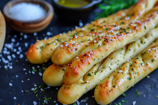 Grissini breadsticks with olive oil and herbs on black background