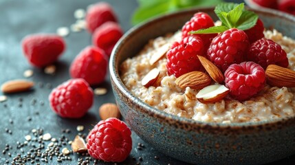  a close up of a bowl of oatmeal with raspberries and almonds on a table.