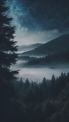 Beautiful View of  Misty Night Sky Mountain Forest Landscape 4k Vertical Photo Wallpaper