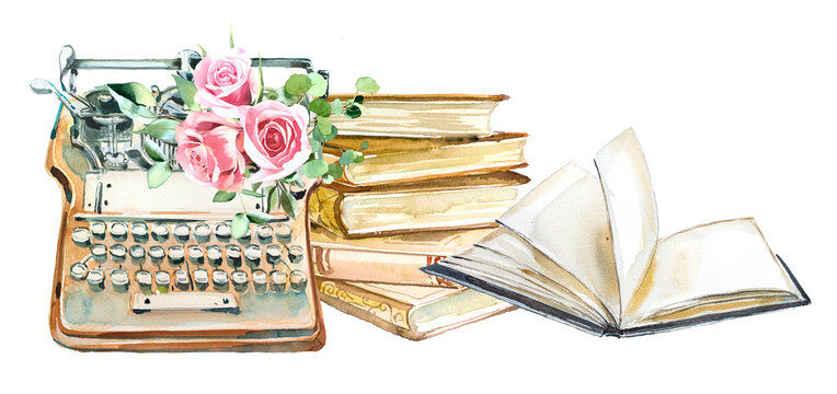 Beautiful watercolor hand painted vintage typewriter and books with flowers illustrations isolated on a white background. Romantic writer concept design set.