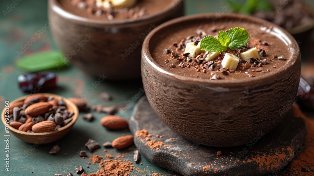 Poster a close up of two cups of chocolate pudding with nuts and mint on a table with a spoon and spoon.