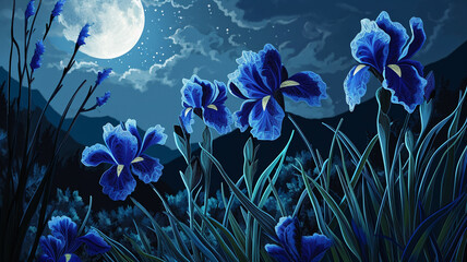 Quilled midnight blue iris flowers under moonlight, serene and mystical